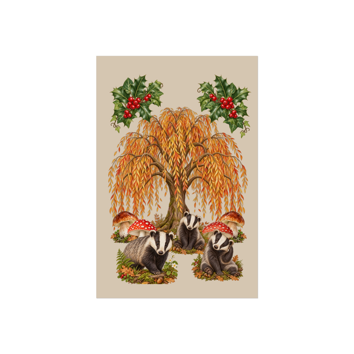 A vertical art print featuring a whimsical woodland scene with three badgers under a large autumn tree, red-and-white mushrooms, holly with red berries, and a beige background.