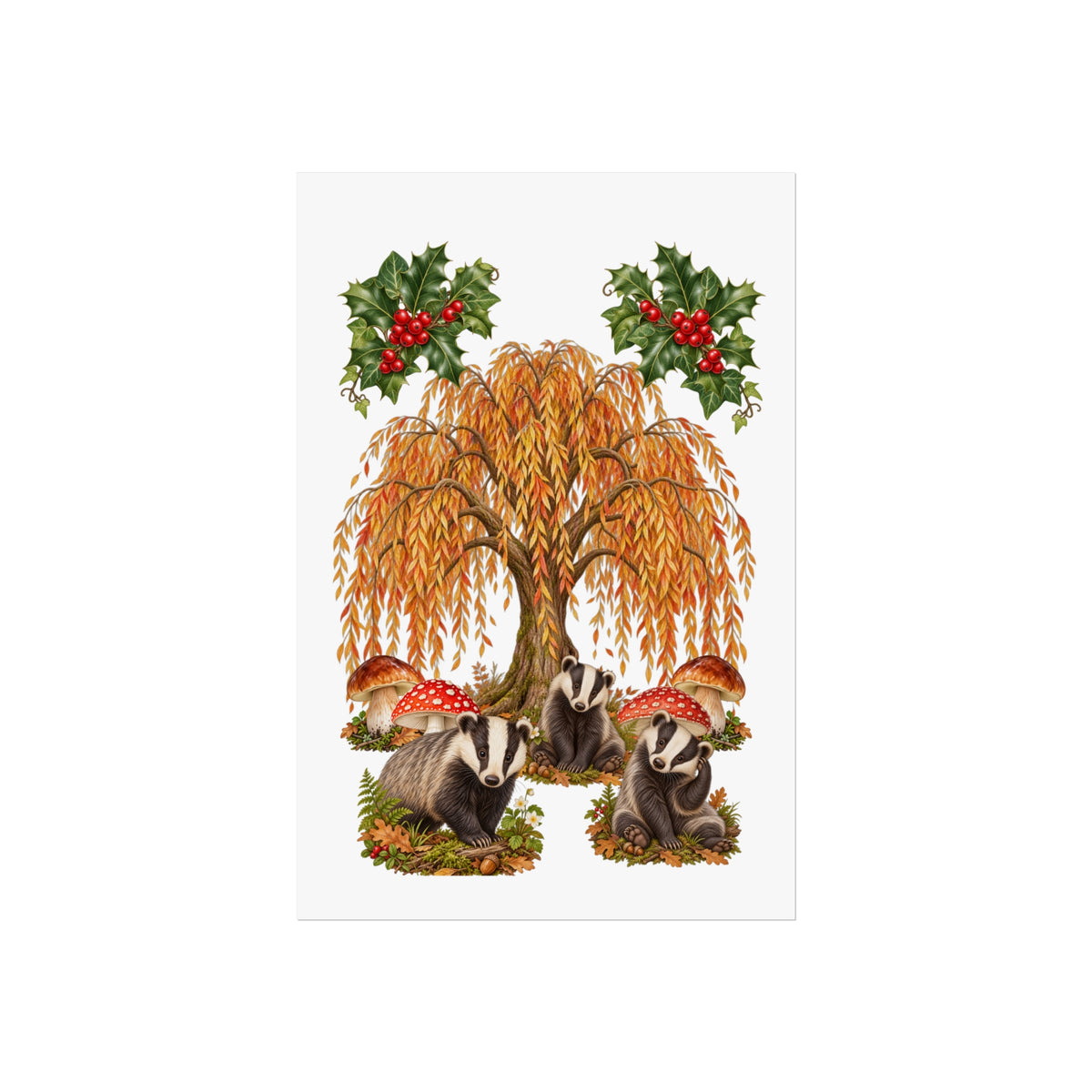 A vertical rectangular print or card featuring an illustrated autumn scene with three badgers under a weeping tree, red-and-white mushrooms, holly leaves with red berries, and fallen leaves on a white background.