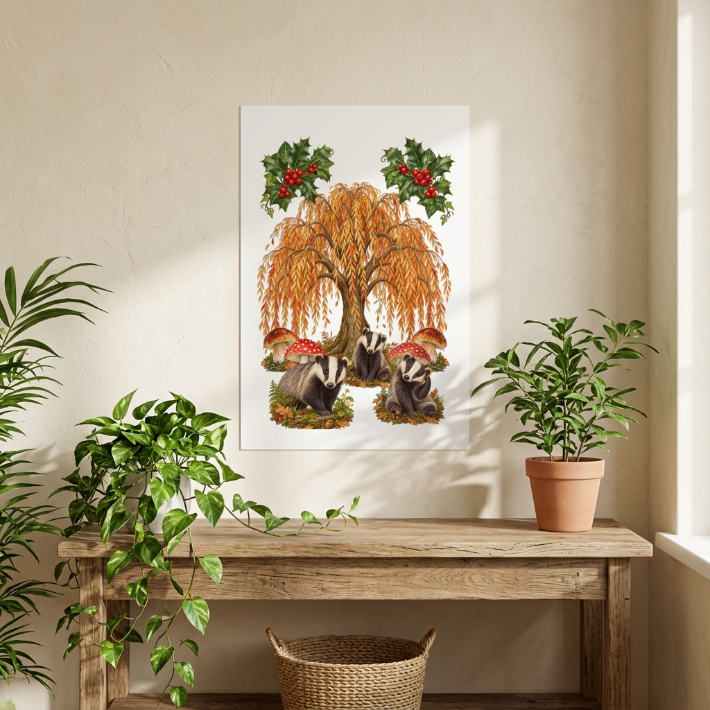 A vertical wall art print featuring a whimsical illustration of badgers under a golden weeping willow tree with red berries, displayed on a beige wall above a rustic wooden bench with potted plants.