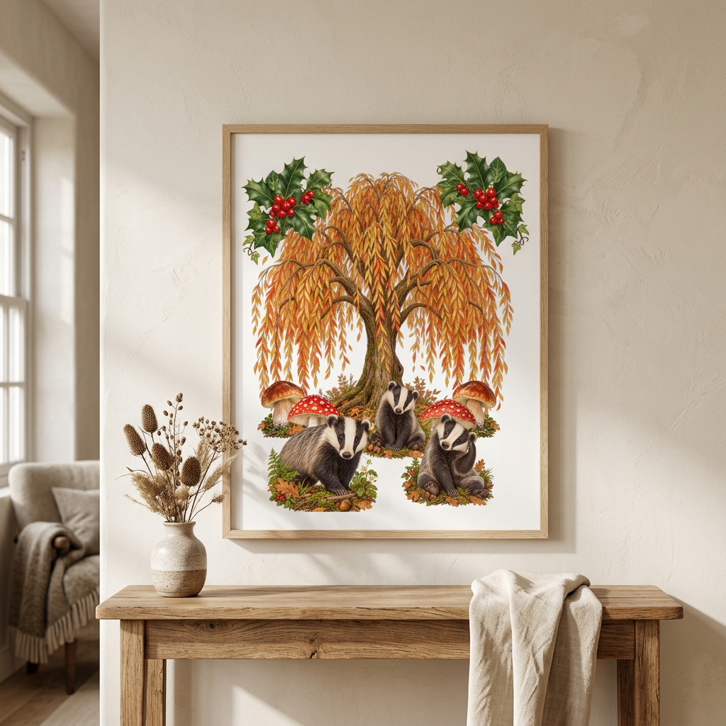A framed art print featuring a whimsical autumn scene with badgers, a weeping willow tree, red mushrooms, and holly leaves, displayed on a wooden console table in a bright living room.