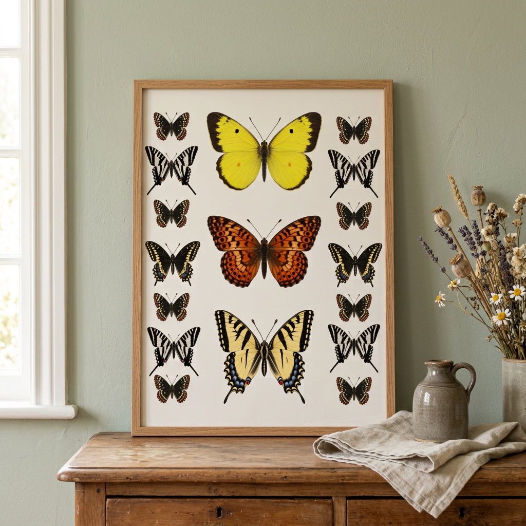 Butterfly print styled on a cottage dresser against a sage wall