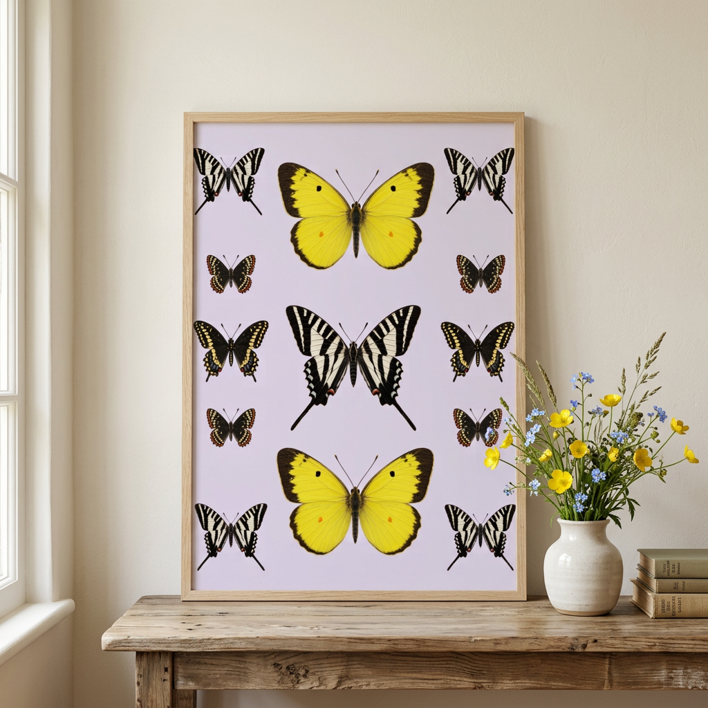 Lilac butterfly 2:3 print in a cottagecore wall mockup