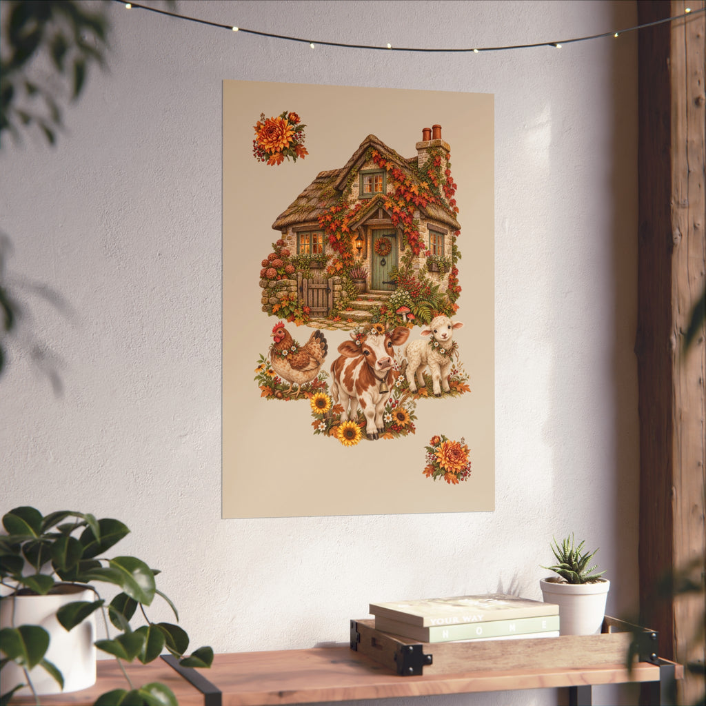 A vertical art print featuring a cozy autumn cottage with chickens, a dog, and sunflowers, displayed on a textured white wall above a wooden console table with plants.
