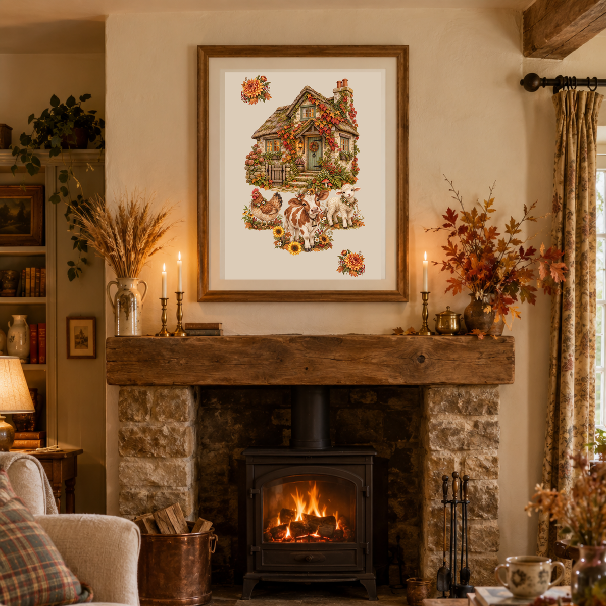 A framed autumn-themed cross-stitch or needlework artwork hangs above a rustic stone fireplace in a cozy living room. The artwork shows a small house, chickens, a dog, a cat, and fall flowers on a cream background.