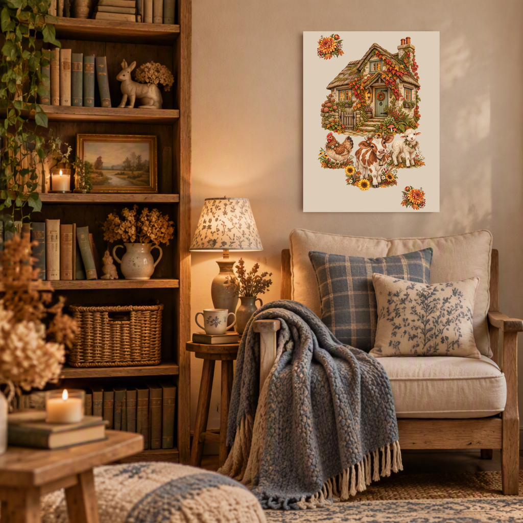 A cozy living room scene with a cream upholstered armchair draped in a blue-gray throw blanket, patterned pillows, a bookshelf, and a framed autumn cottage artwork hanging on the wall.