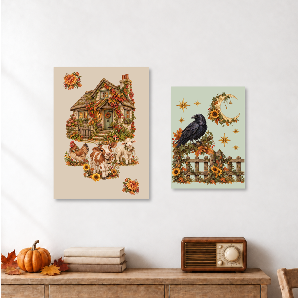 Two vertical art prints displayed side-by-side on a white wall above a wooden console table. The left print features a cozy autumn cottage decorated with flowers, sunflowers, and chickens.