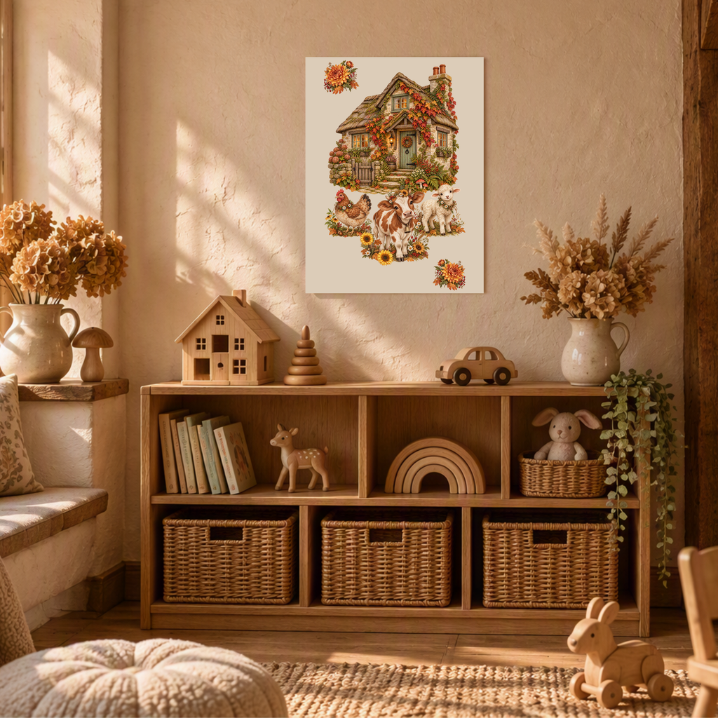 A vertical wall art print featuring a vintage-style illustration of a small house, sunflowers, and chickens, displayed in a warm, rustic children's room above a wooden storage cabinet.