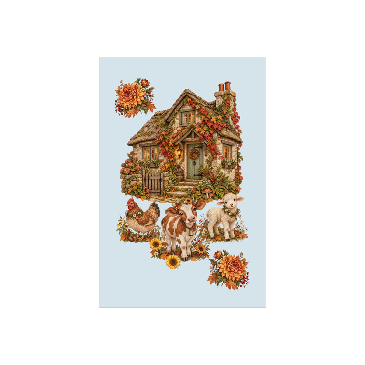 A vertical rectangular print or card featuring a whimsical cottage illustration with flowers, sunflowers, a chicken, a cow, and a lamb on a pale blue background.
