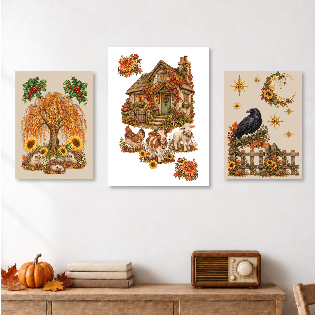 Three vertical autumn-themed art prints displayed side-by-side on a white wall above a wooden console table. The left print shows a weeping willow tree with sunflowers and hedgehogs; the center print shows a cottage surrounded by fall foliage, chickens, and a dog; the right print shows a black raven, a crescent moon, stars, and sunflowers.