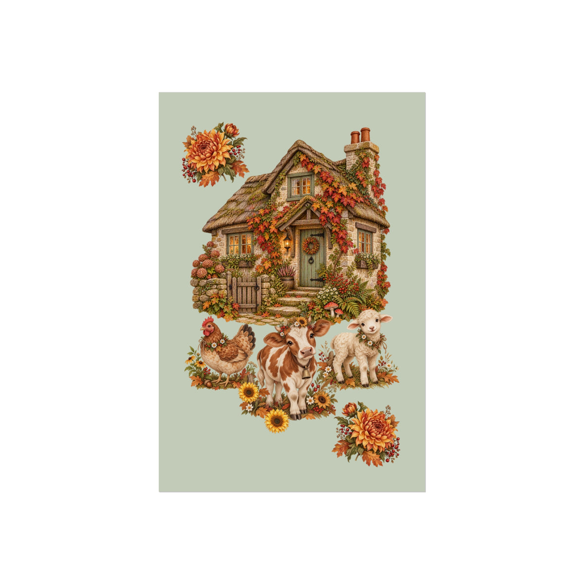 A vintage-style illustrated cottage scene with flowers, sunflowers, a chicken, a cow, and a sheep on a pale green background.