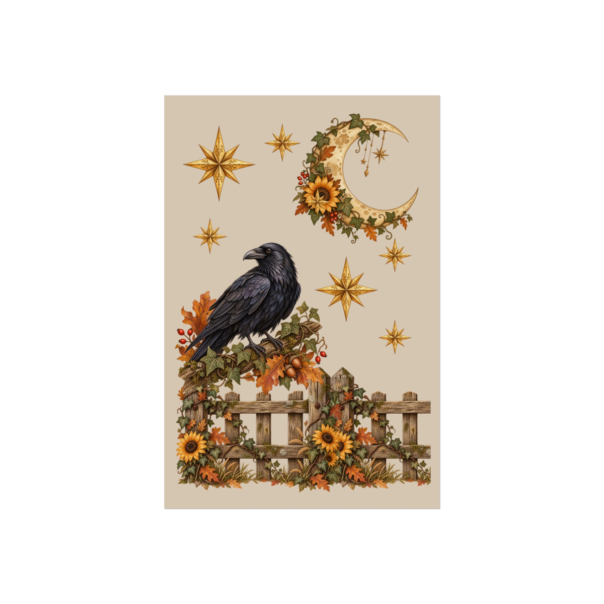 A vertical art print featuring a black raven perched on a wooden fence decorated with autumn leaves and sunflowers, beneath a crescent moon and gold stars on a beige background.