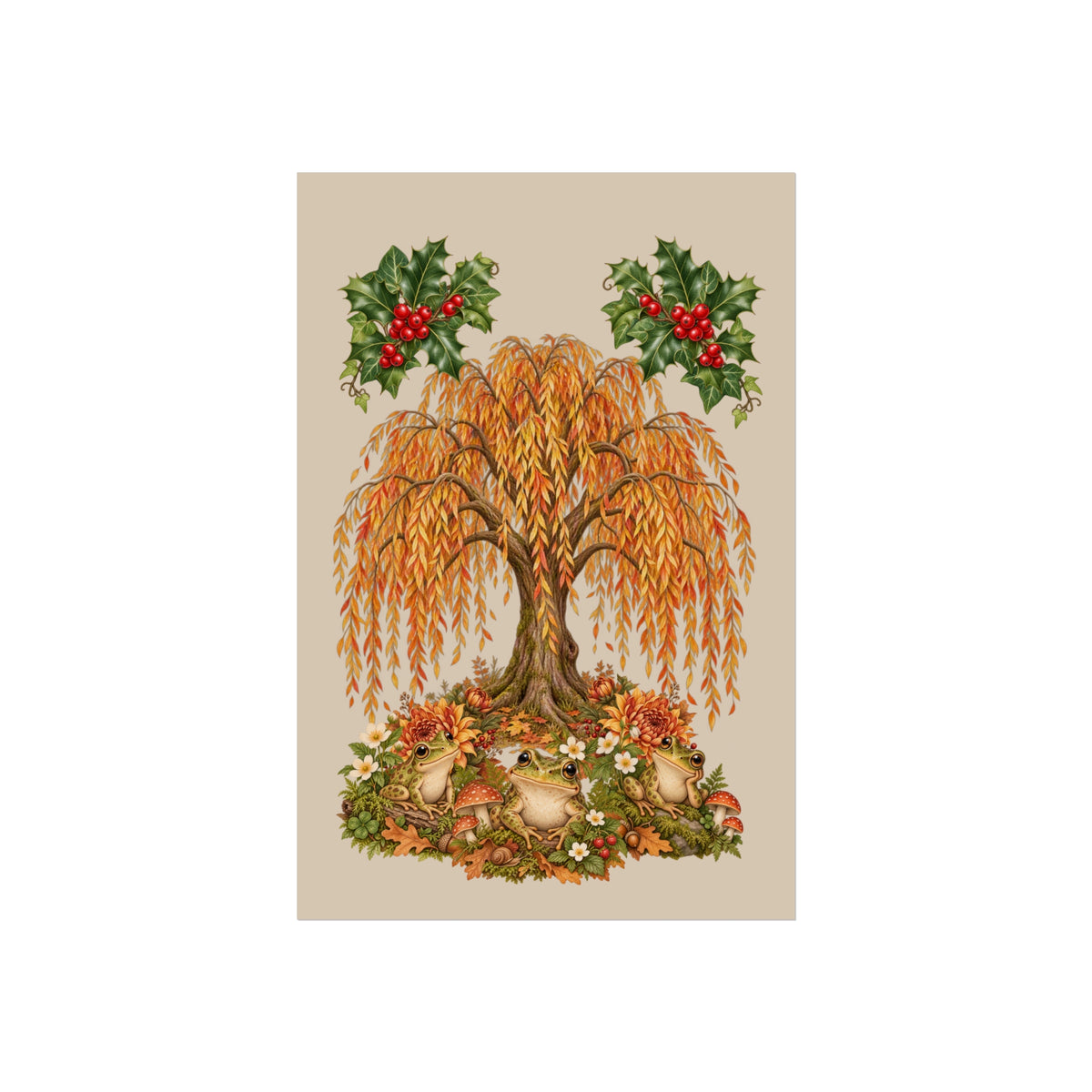 A vertical art print featuring a weeping tree with orange and yellow autumn leaves, green holly branches with red berries, and a forest floor with acorns and small flowers, centered on a light beige background.
