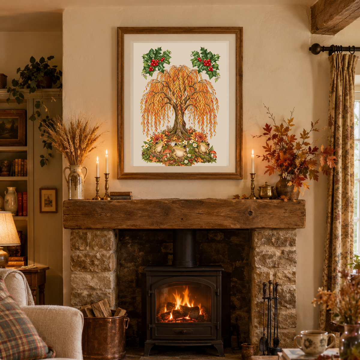 A framed vertical art print of a weeping tree with red berries and autumn foliage, displayed on a rustic stone fireplace mantel in a cozy living room setting.