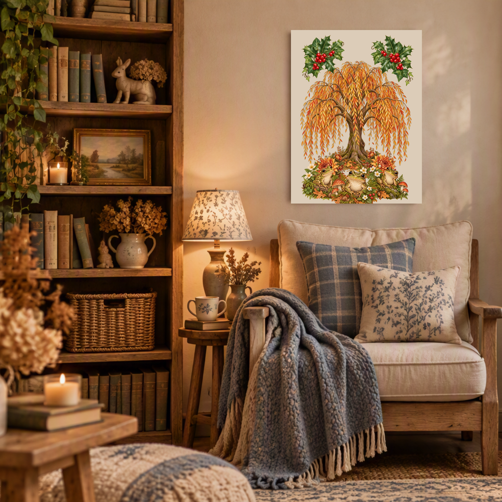 A cozy living room scene with a framed botanical-style wall art print hanging above a cream sofa. The artwork shows a large golden-orange weeping tree with red berries and green leaves on a white background.