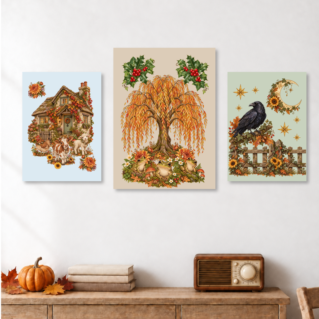Three vertical autumn-themed art prints displayed side-by-side on a white wall above a wooden console table with a pumpkin, books, and a vintage radio.