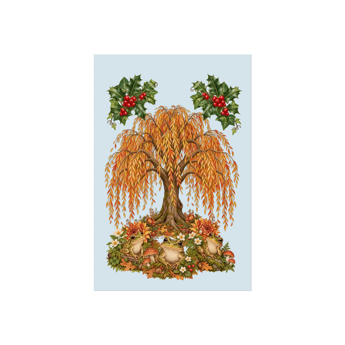 A vertical art print featuring a weeping willow tree with golden-orange autumn leaves, decorated with green holly branches with red berries at the top, and small birds nesting in a floral ground cover at the base, all set against a light blue background.