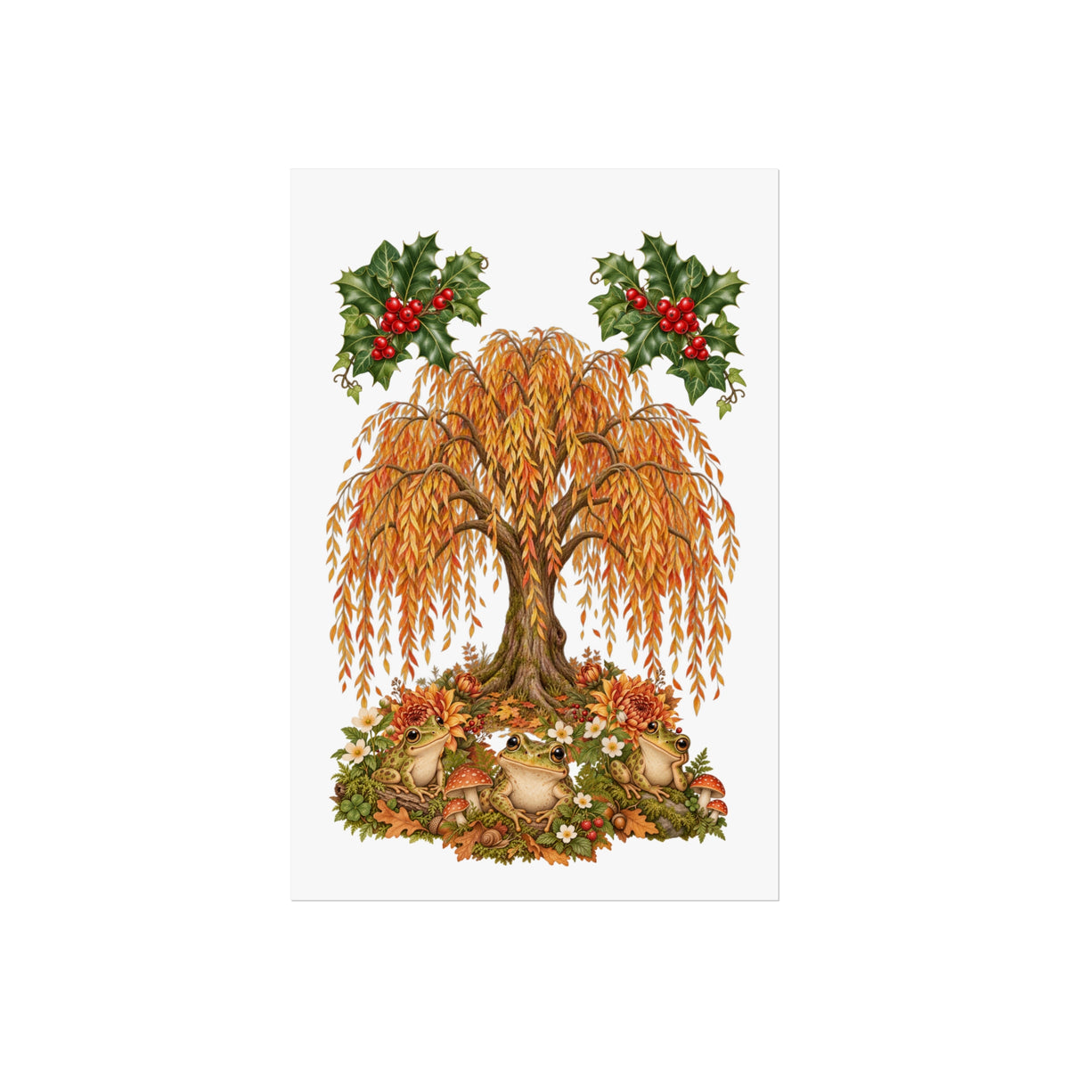 A vertical rectangular print or card featuring an illustrated autumn tree with orange and gold leaves, a brown trunk, red berries on green holly branches above, and small pumpkins at the base, centered on a light gray background.