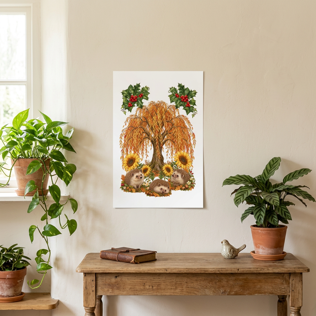 20 by 30 inch unframed hedgehog artwork mockup with green plants