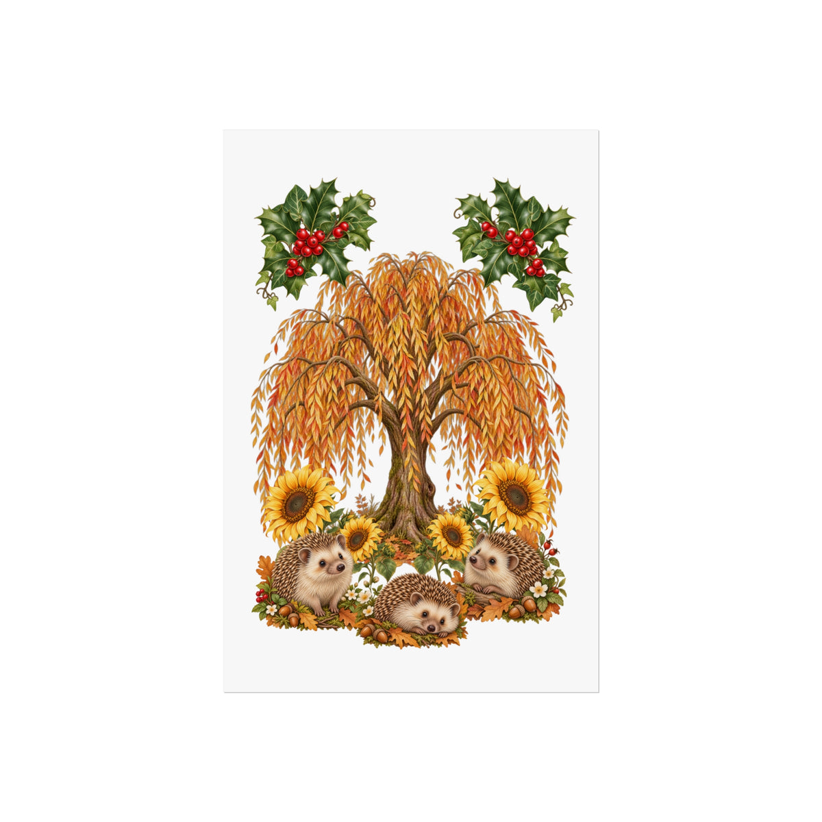 A vertical rectangular print or card featuring a whimsical autumn illustration: a weeping tree with orange and gold leaves, sunflowers, red berries on holly branches, and three hedgehogs at the base, centered on a light gray background.