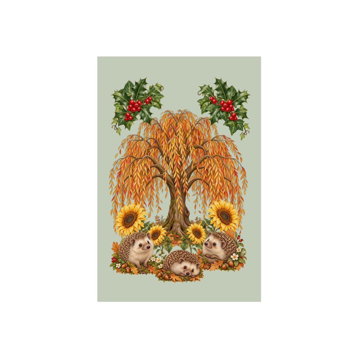 A vertical art print featuring a whimsical autumn scene with three hedgehogs under a weeping willow tree, surrounded by sunflowers, leaves, and holly branches, centered on a pale sage green background.