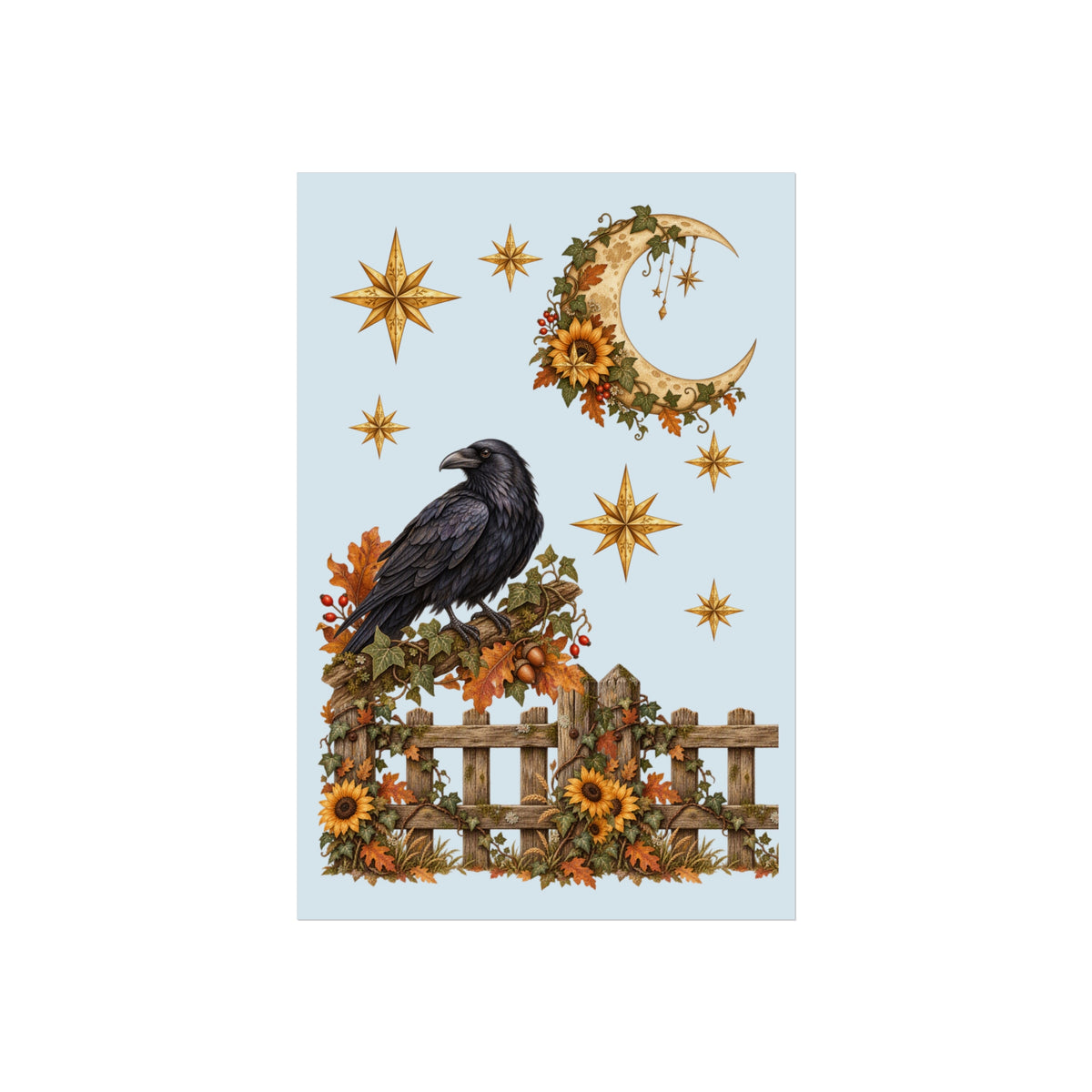 A vertical art print featuring a black raven perched on a wooden fence decorated with autumn leaves and sunflowers, beneath a crescent moon and gold stars on a pale blue background.