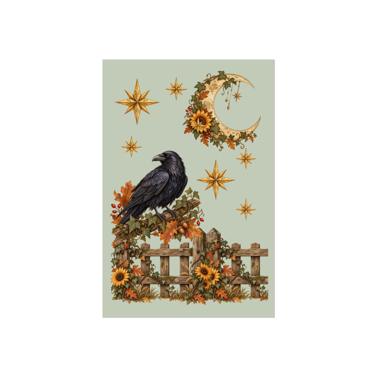 A vertical art print featuring a black raven perched on a wooden fence decorated with autumn leaves, sunflowers, and a crescent moon with stars against a pale sage green background.