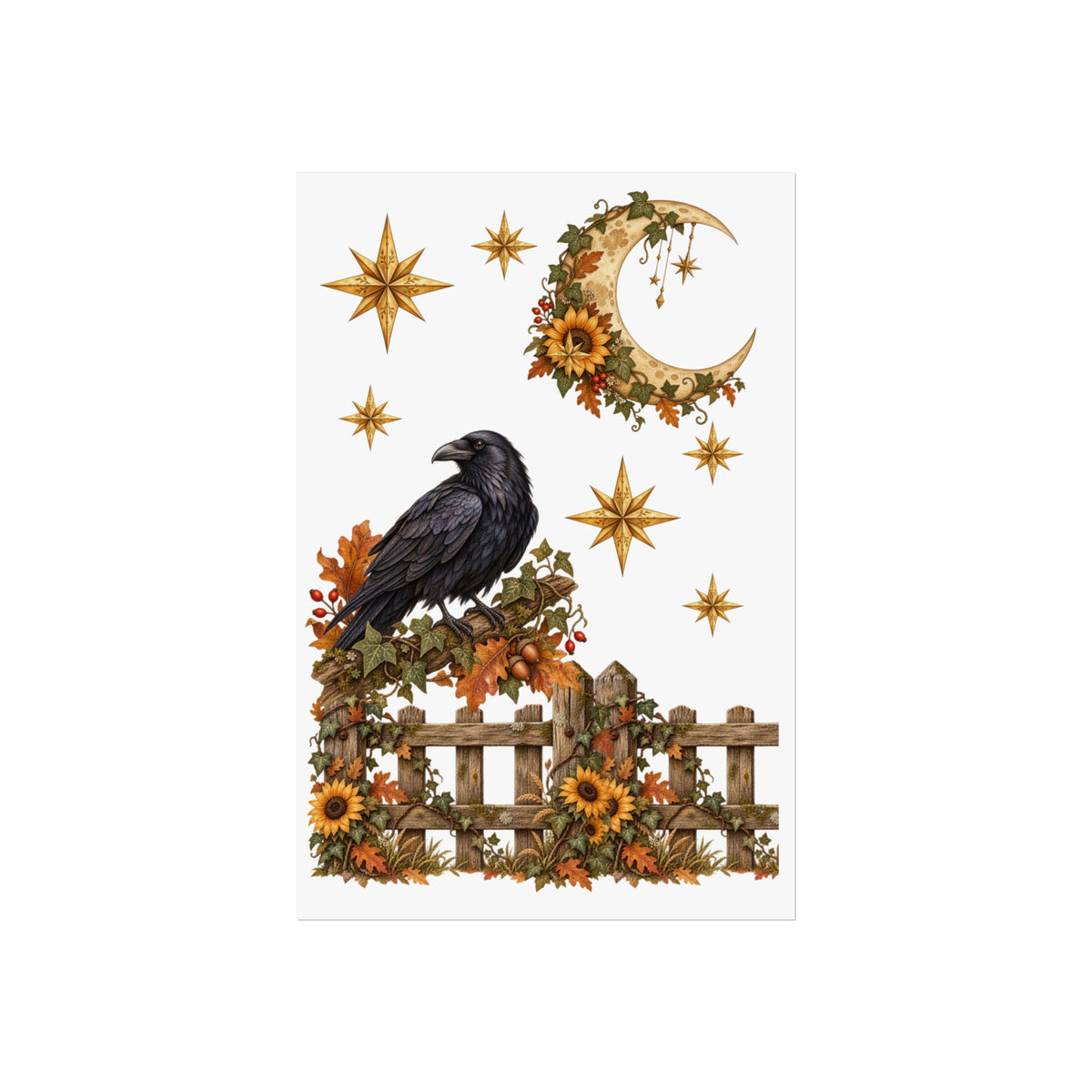 An autumn-themed art print featuring a black raven perched on a wooden fence, surrounded by sunflowers, orange leaves, a crescent moon, and gold stars on a white background.