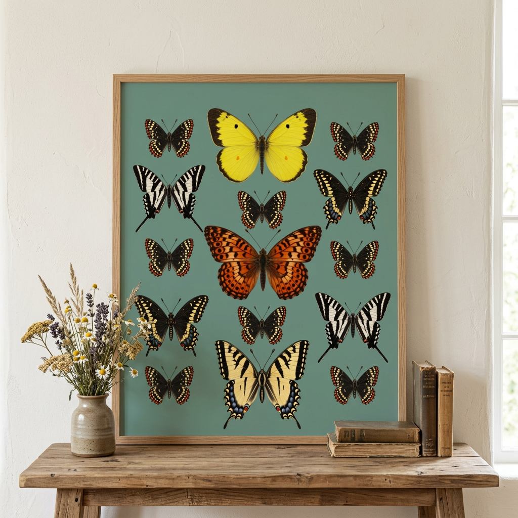 4:5 butterfly print framed above a rustic console