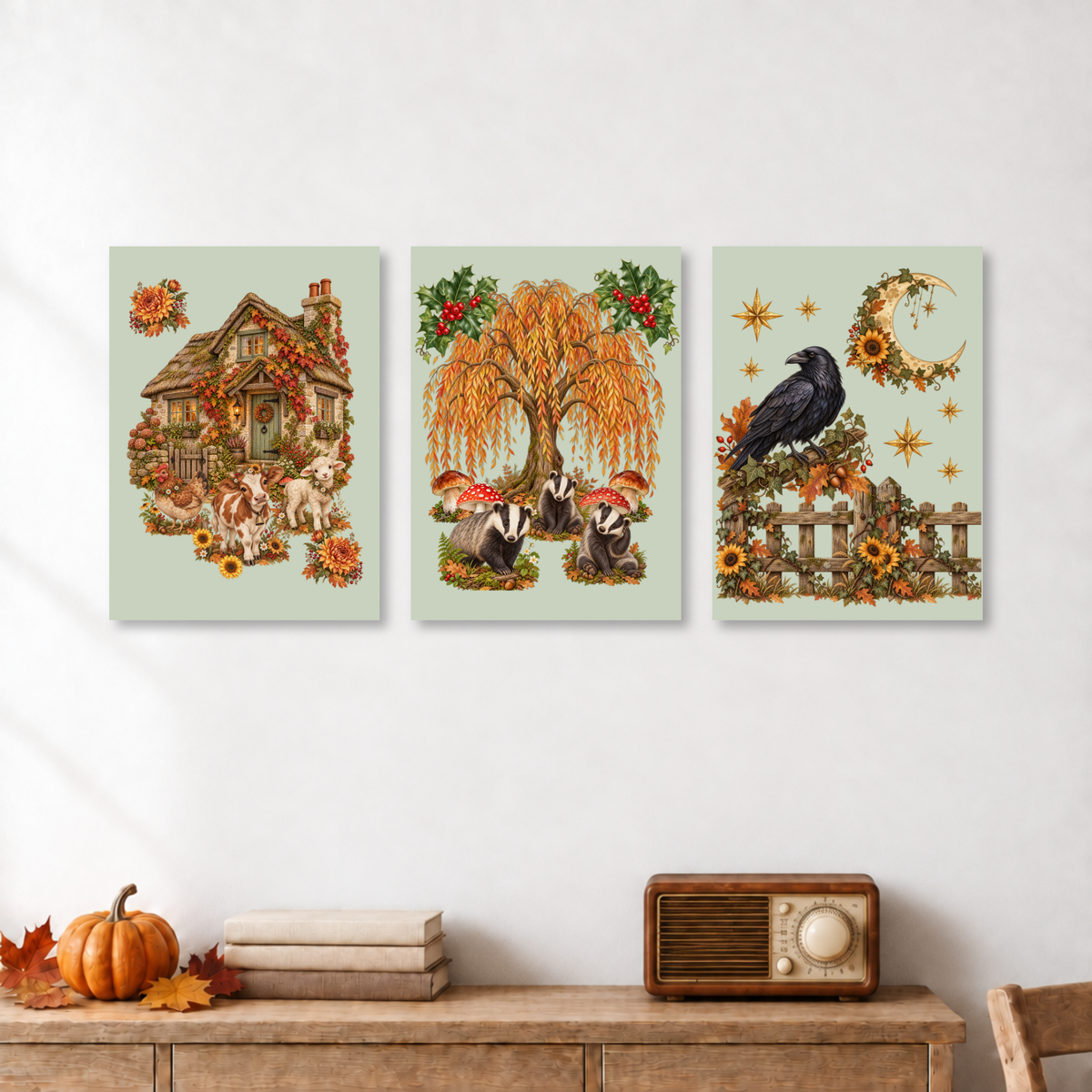 Three vertical autumn-themed art prints displayed side-by-side on a white wall above a wooden console table. The prints feature a cozy cottage with dogs, a weeping willow tree with badgers and mushrooms, and a raven perched on a fence under a crescent moon and sunflowers.
