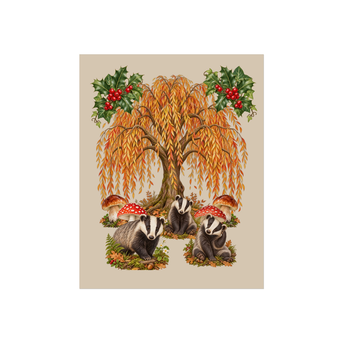 A vertical art print featuring three badgers under a large autumn tree with red berries and mushrooms, centered on a light beige background.