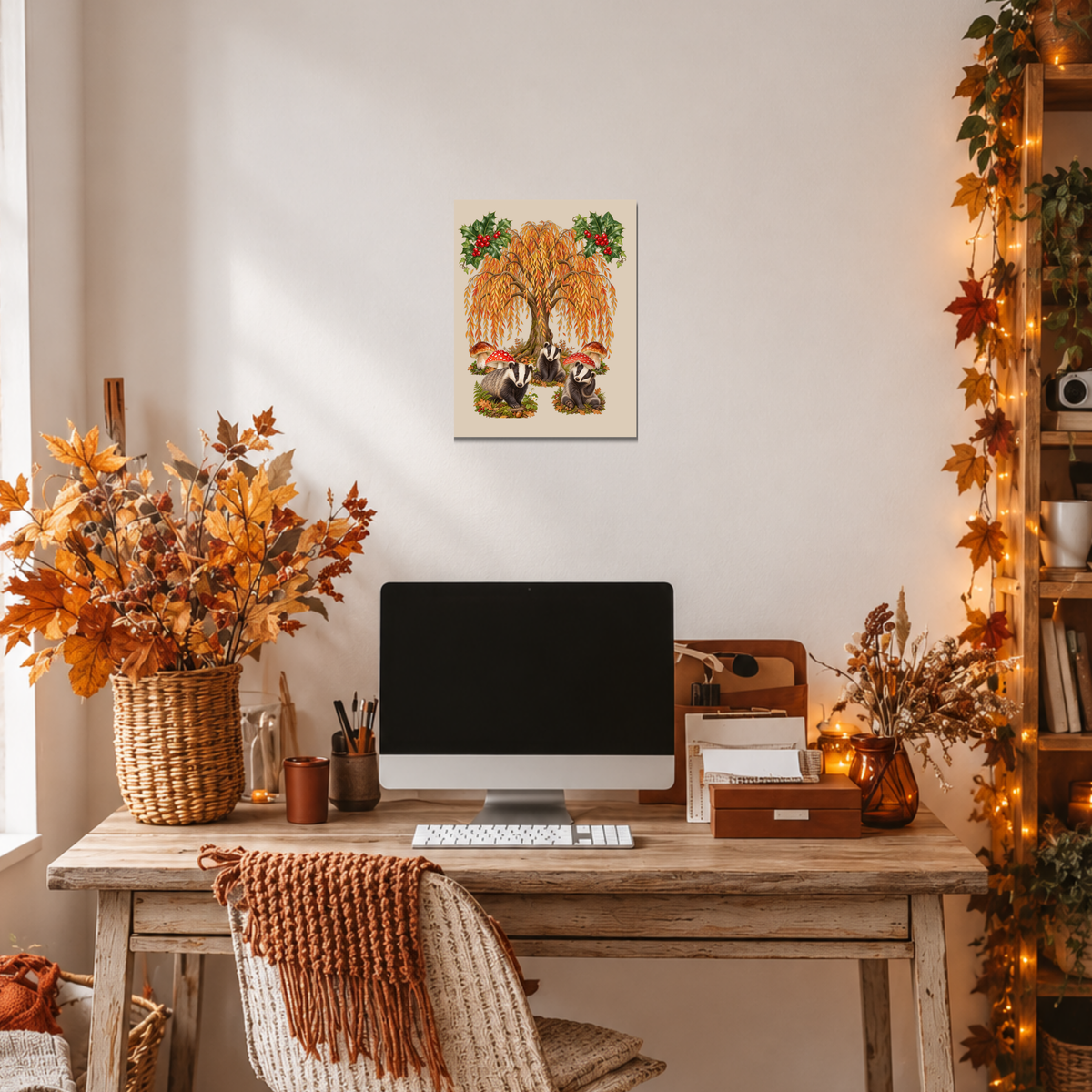 A framed art print featuring an autumn tree with orange and green leaves and small deer, displayed on a white wall above a rustic wooden desk with a computer, keyboard, and fall decorations.