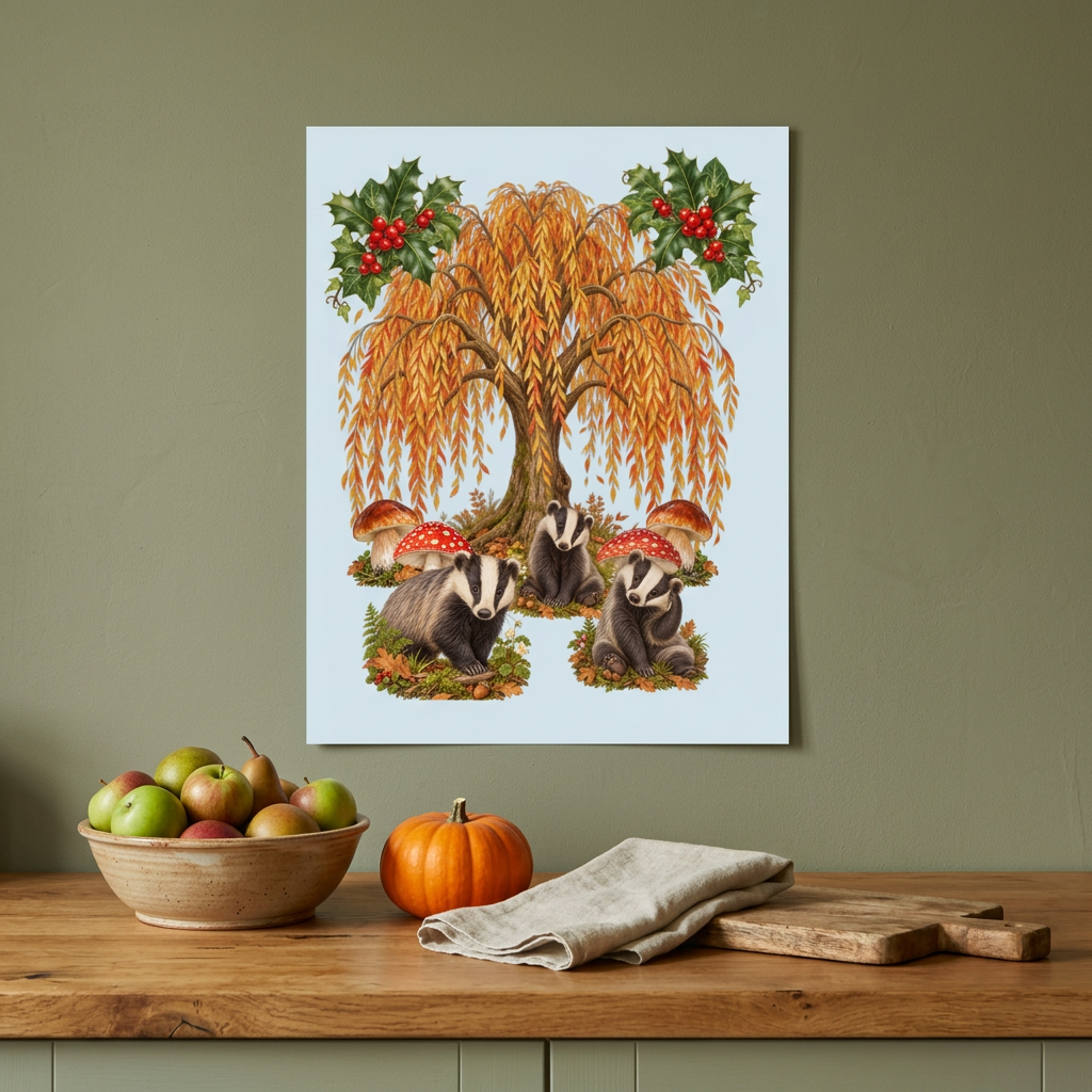 Unframed 4:5 badger poster in an autumn olive-green kitchen