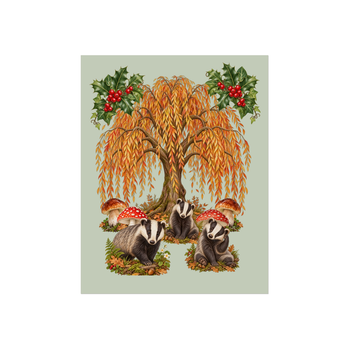 A vertical art print featuring three badgers under a weeping willow tree with orange autumn leaves, red mushrooms, and holly with red berries, centered on a light sage green background.