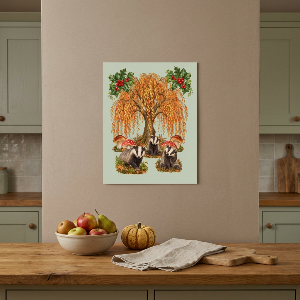 Unframed sage-green 4:5 badger poster in an autumn kitchen
