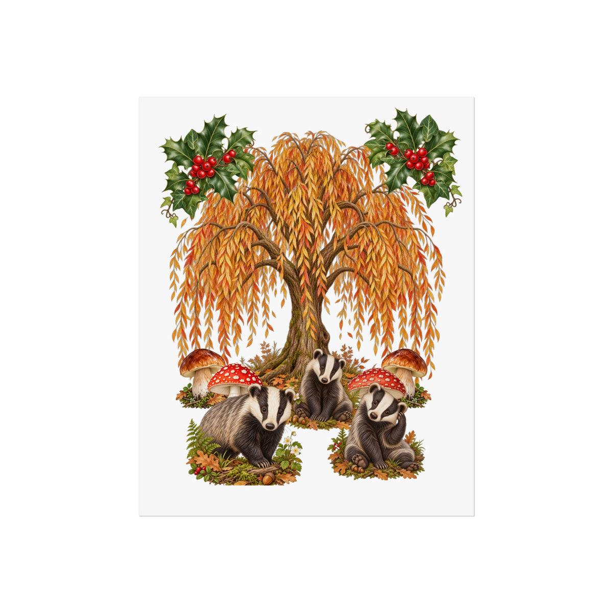 A vertical art print featuring a whimsical autumn scene with three badgers under a large weeping tree with golden-orange leaves, red berries in holly branches, and red-and-white mushrooms on a white background.