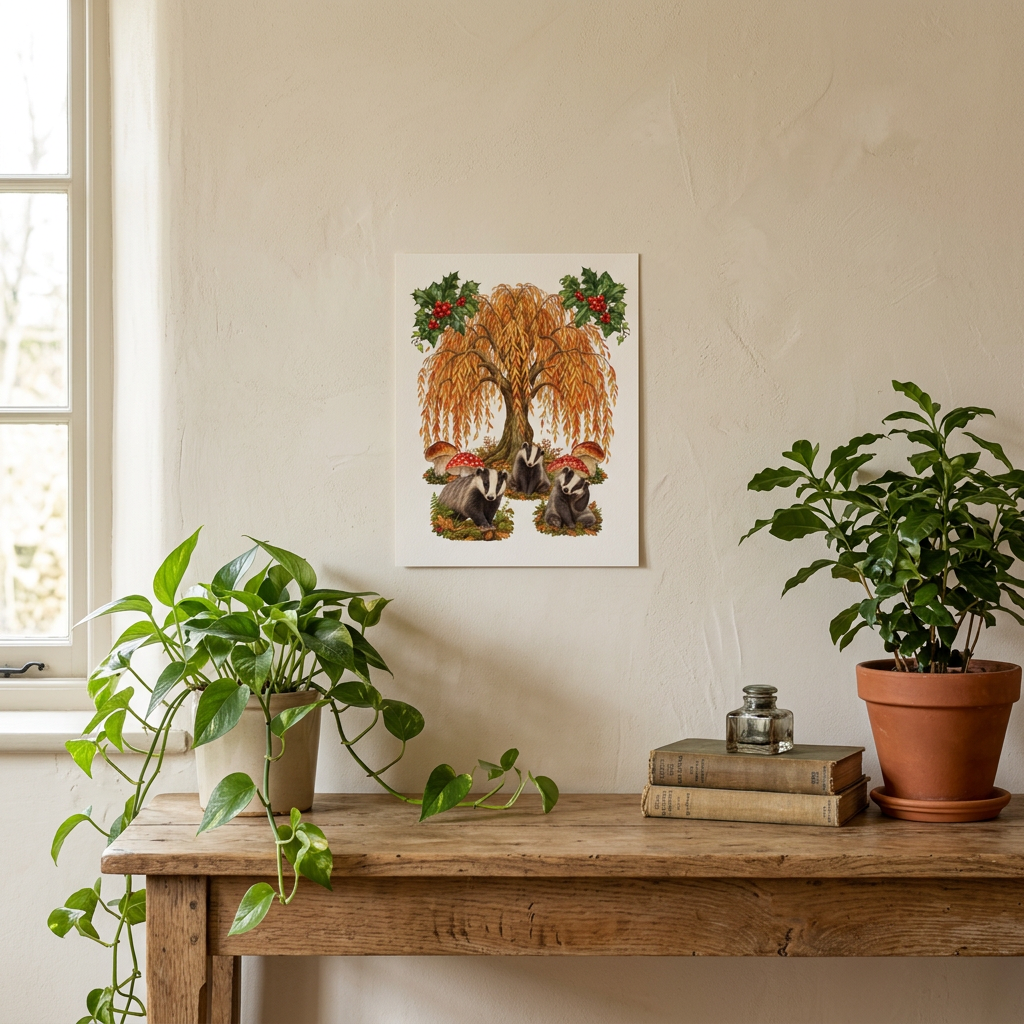 A vertical art print featuring a whimsical illustration of badgers under a golden weeping willow tree with red berries, displayed on a beige wall above a rustic wooden table with potted plants and books.