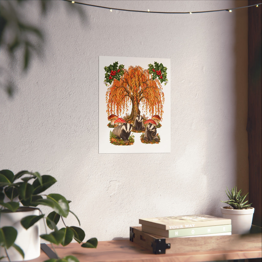 A vertical art print featuring a whimsical autumn tree with orange leaves, red mushrooms, and green holly accents, displayed on a textured white wall above a wooden shelf with books and small plants.