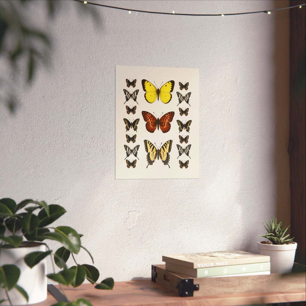 A vertical art print featuring various butterfly and moth illustrations, displayed on a textured white wall in a styled room setting with a wooden shelf, books, and potted plants.