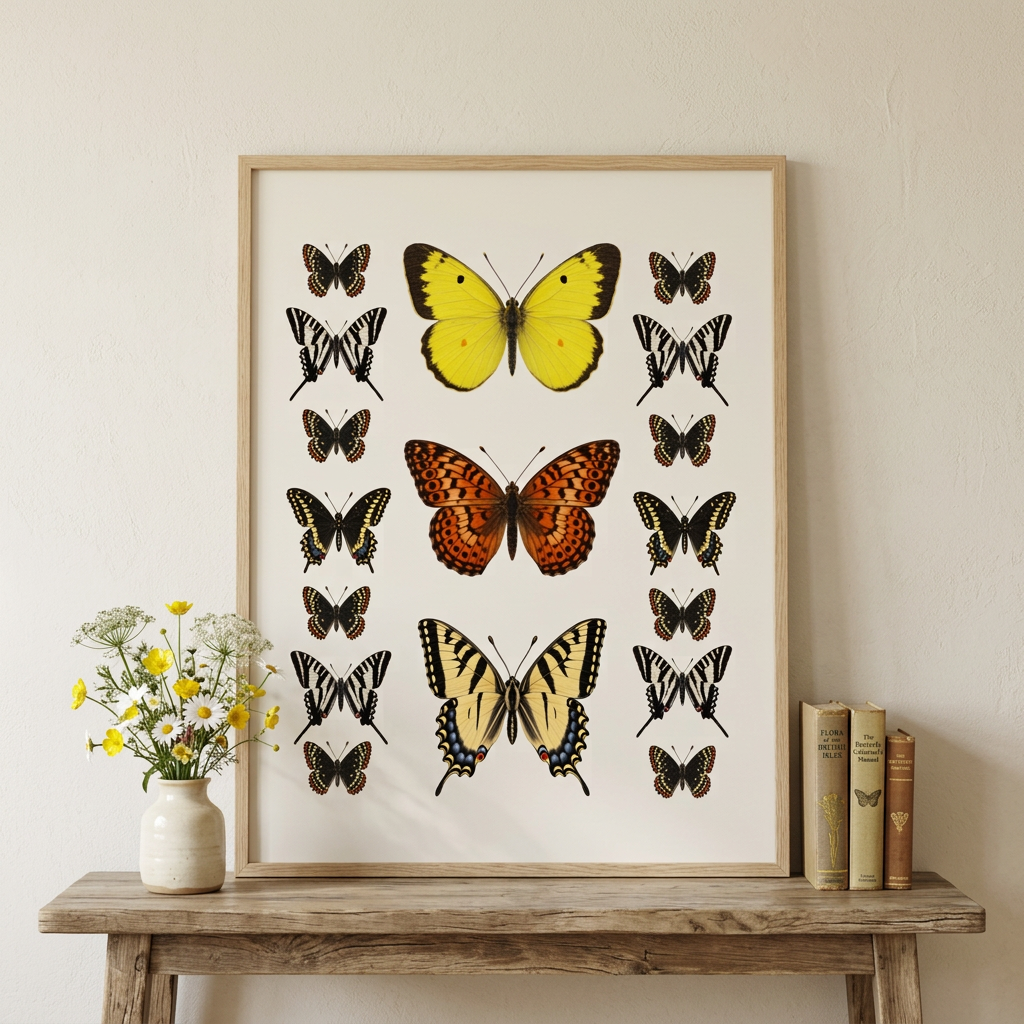 Butterfly print in an oak frame above a rustic console