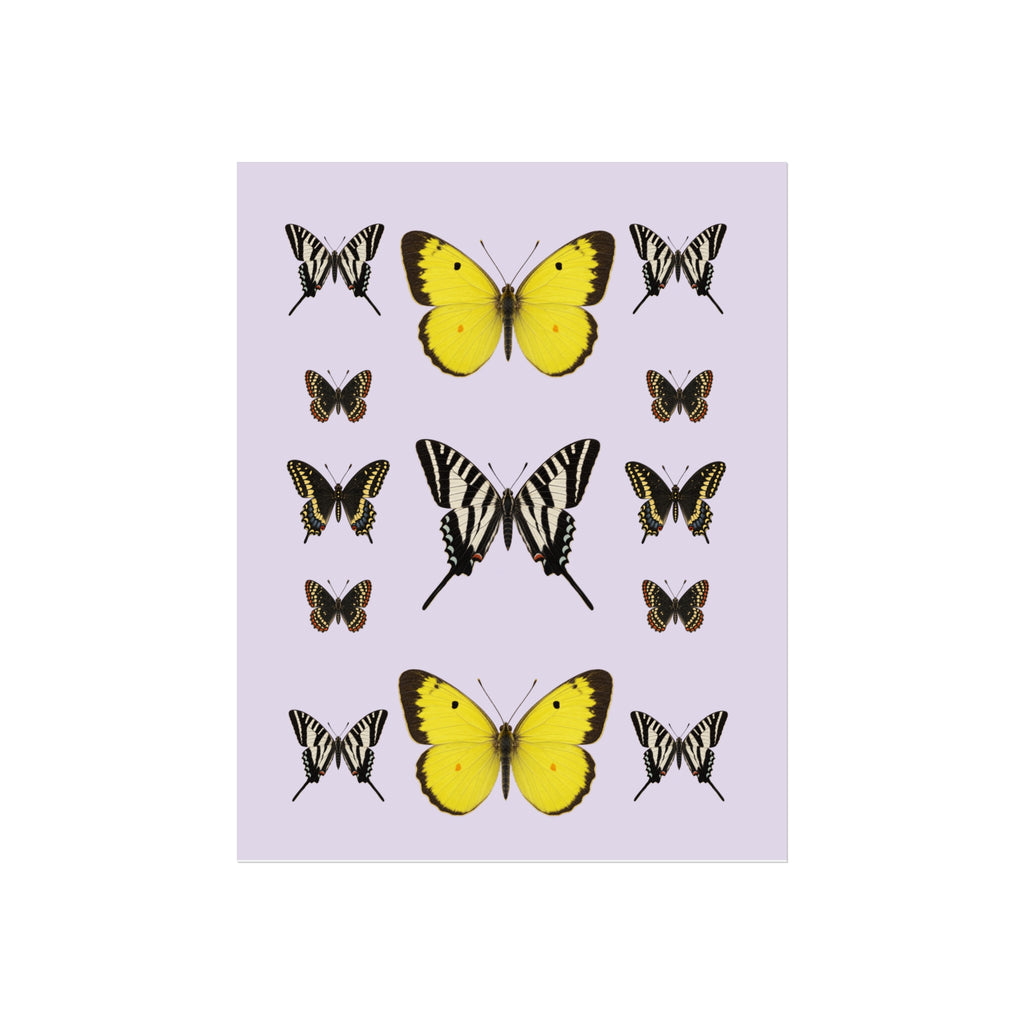 A sheet of butterfly stickers featuring two large yellow Swallowtail butterflies and multiple smaller striped Swallowtail and Zebra-like butterflies on a light lavender background.
