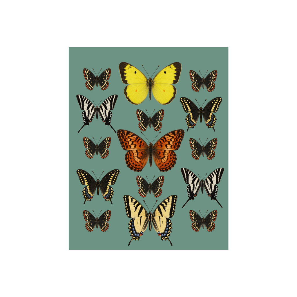 A vertical art print featuring a collection of vintage-style butterfly illustrations on a muted sage green background. The print showcases multiple butterfly species, including a prominent yellow butterfly at the top, a large orange-and-black butterfly in the center, and others in black, white, and yellow patterns.