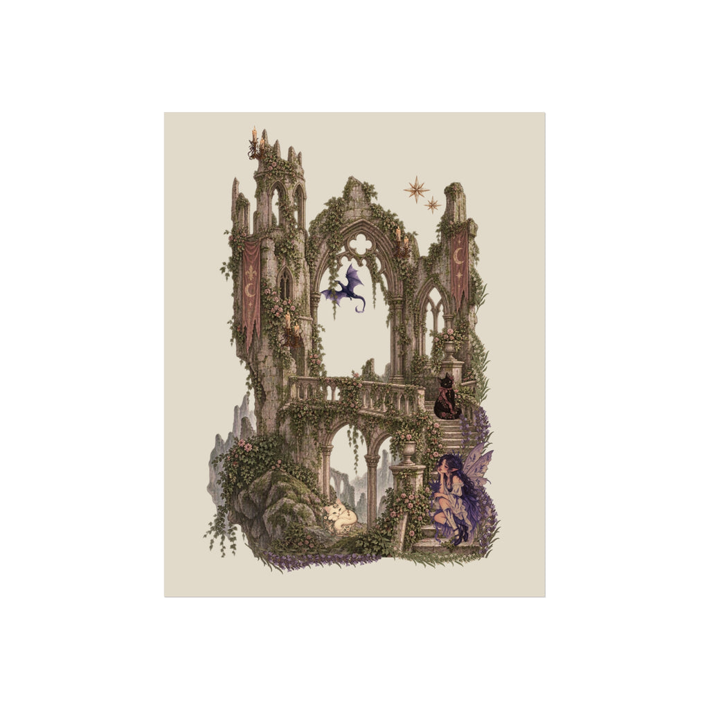 A vintage-style illustration of a gothic stone archway or ruin covered in green ivy, with small fantasy figures and a blue bird-like creature near the top, centered on a light beige background.