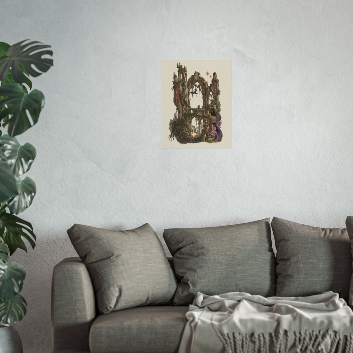 A framed wall art print featuring a dark, ornate gothic archway illustration with purple accents, displayed on a textured light gray wall above a gray sofa with pillows and a throw blanket, with a green plant on the left.