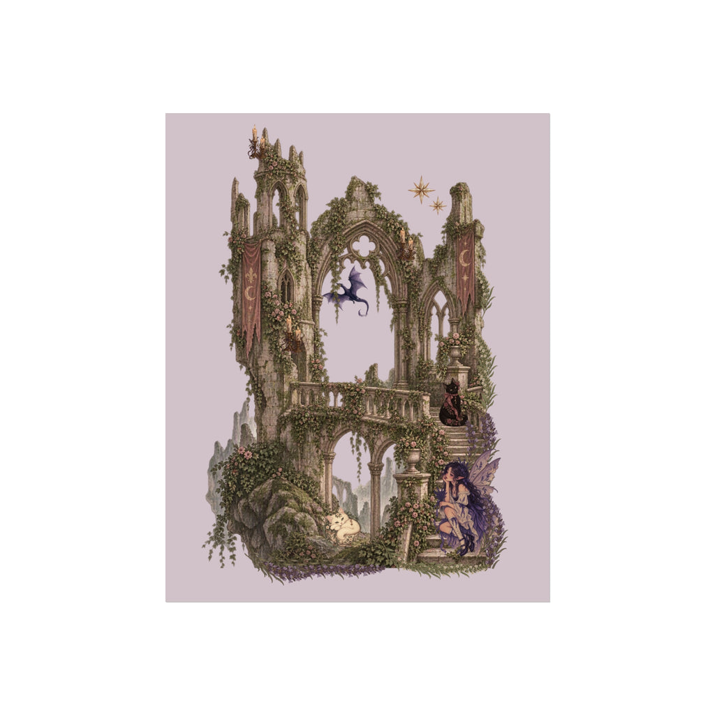 A fantasy art print depicting a gothic stone archway structure covered in green ivy, with a blue dragon flying through the center and a seated figure near the bottom right, set against a solid lavender background.