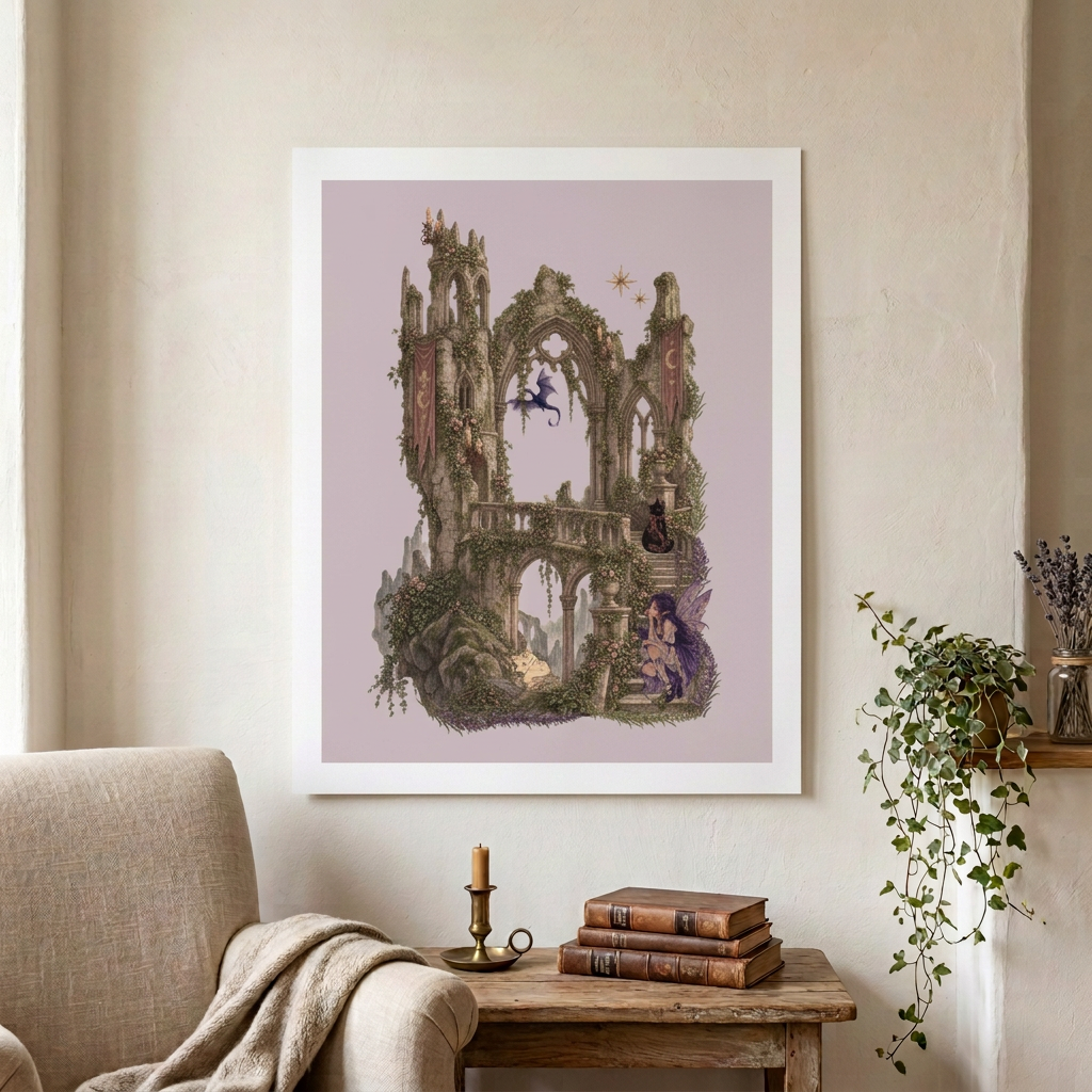 Dusty mauve castle ruins poster in a cosy reading nook