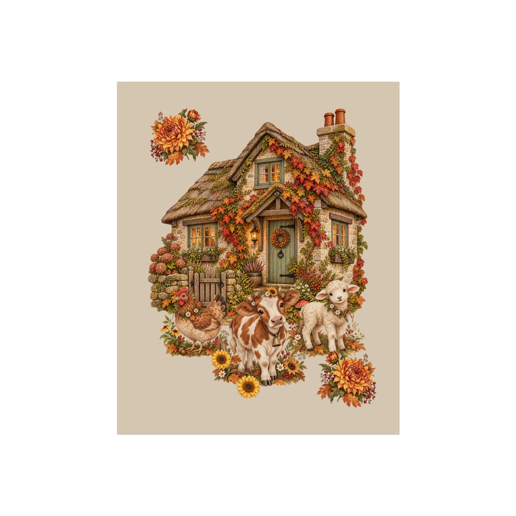 A vintage-style illustration of a cozy stone cottage surrounded by autumn flowers, sunflowers, and two sheep, centered on a light beige background.