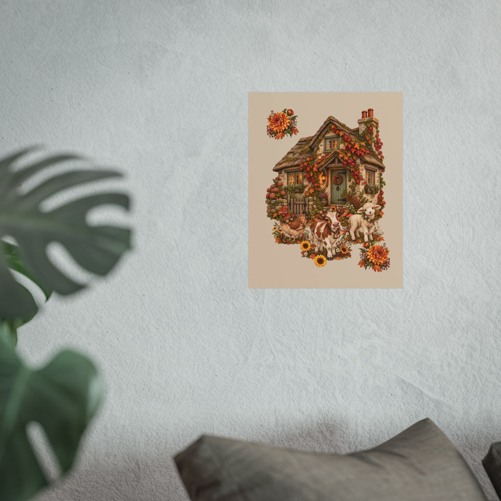 A square art print featuring a vintage-style illustration of a cozy house decorated with autumn flowers and animals, displayed on a textured light gray wall with a blurred plant and cushion in the foreground.
