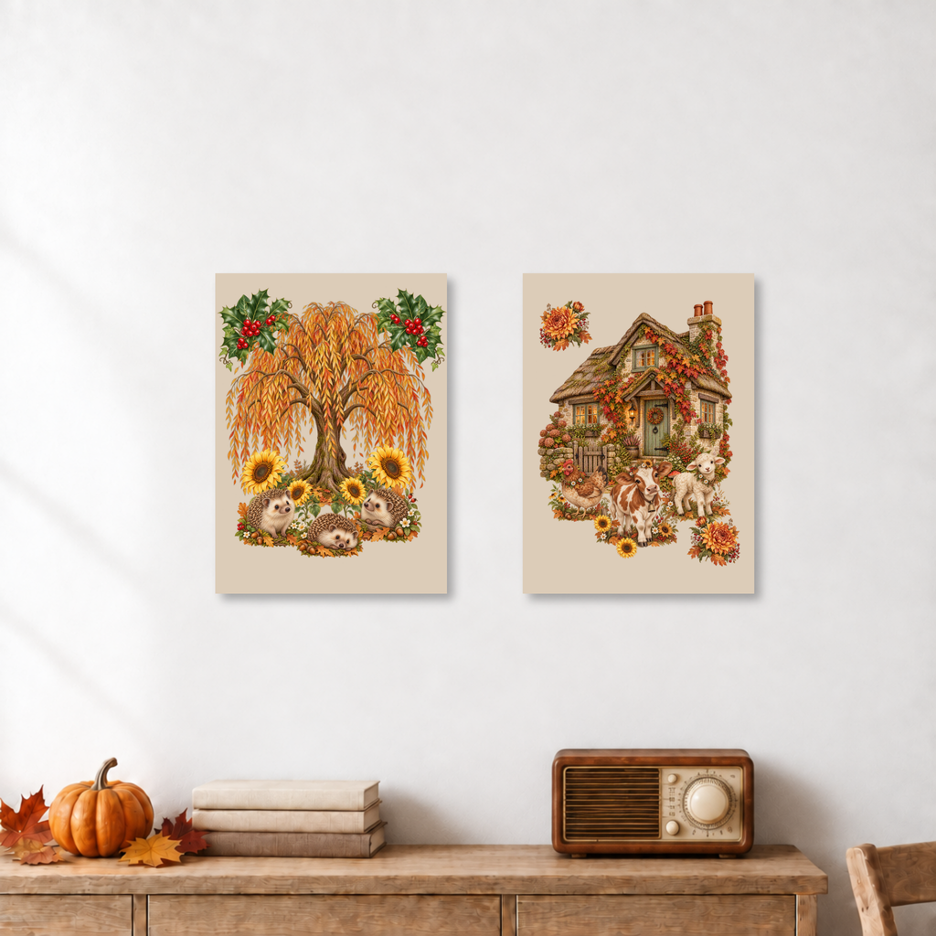 Two vertical art prints with autumn-themed illustrations hang on a white wall above a wooden console table. The left print shows a weeping willow tree with sunflowers and holly, and the right print shows a cozy house surrounded by fall foliage and animals.