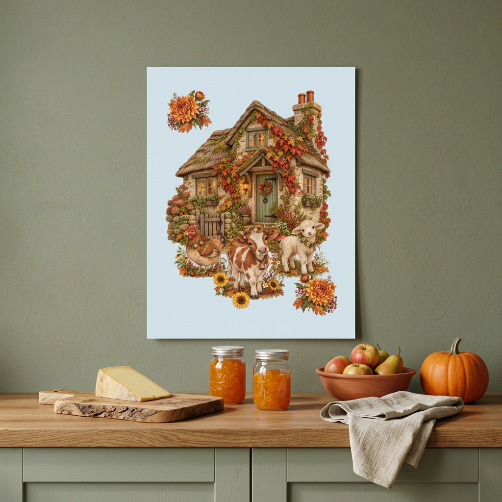 Unframed 4:5 cottage farm poster with farm produce underneath