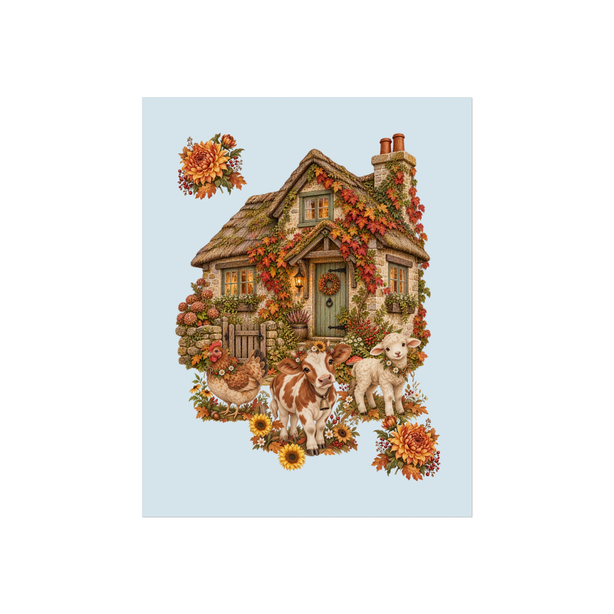 A whimsical illustration of a small cottage surrounded by flowers, autumn leaves, a cow, a sheep, and a rooster, centered on a pale blue background.